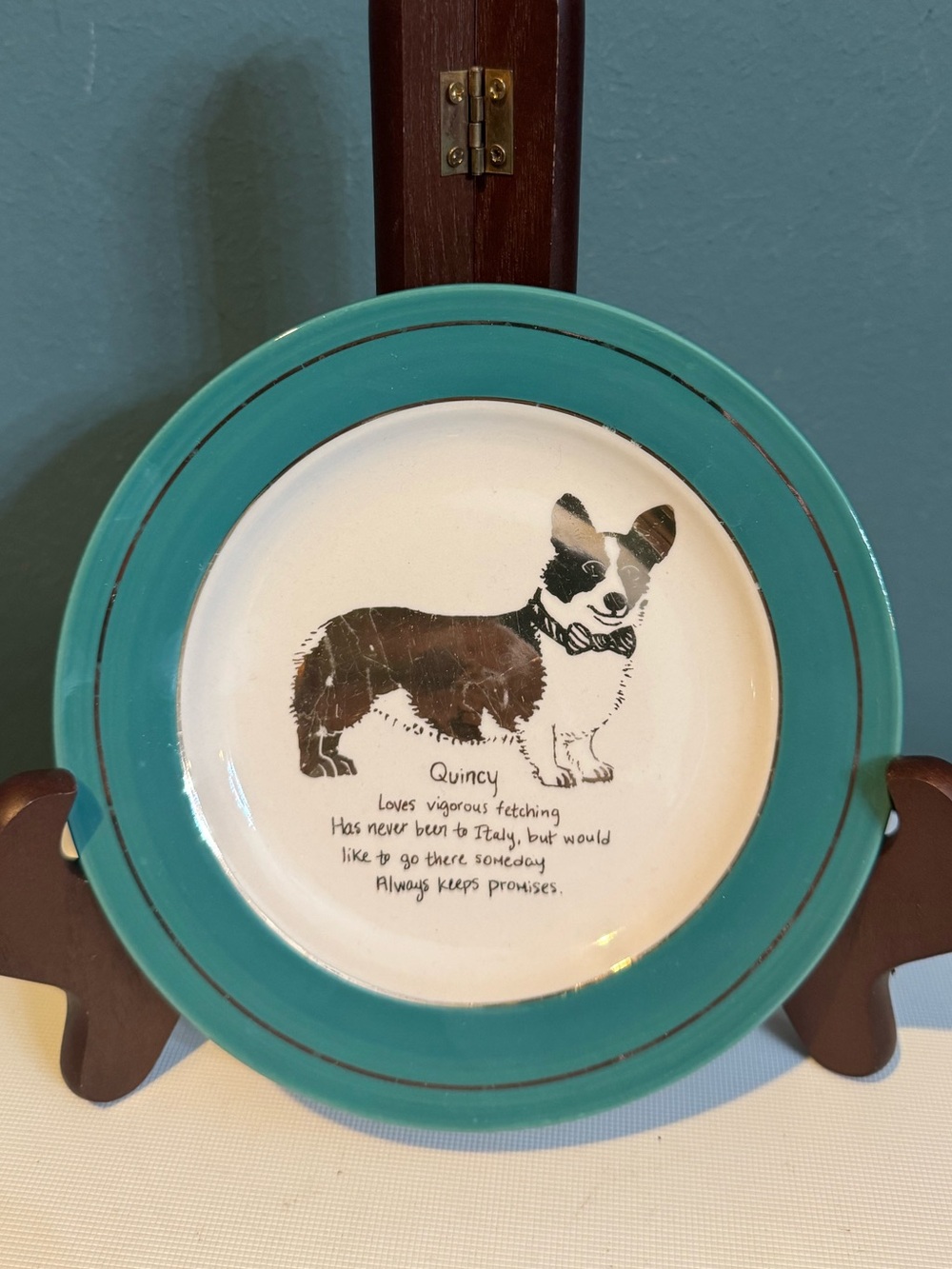 Anthropologie Dog Biography Teal Ceramic Plate with Corgi Quincy